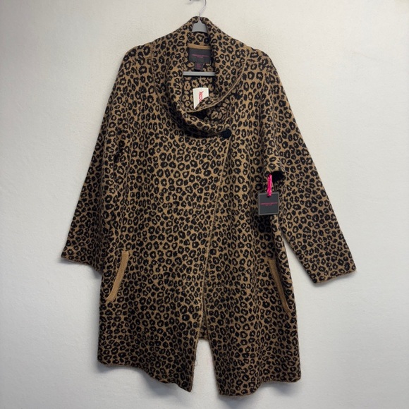 NWT Christian Siriano Sweater Coat Leopard Print Knit Brown Black 2x - Picture 1 of 8